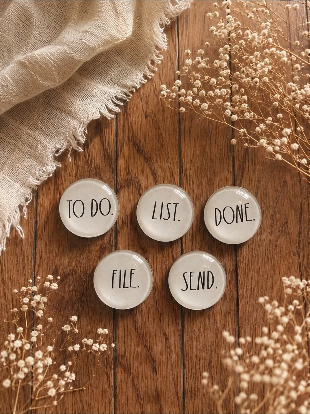 Rae Dunn Clear Glass Office Magnets with Black Text